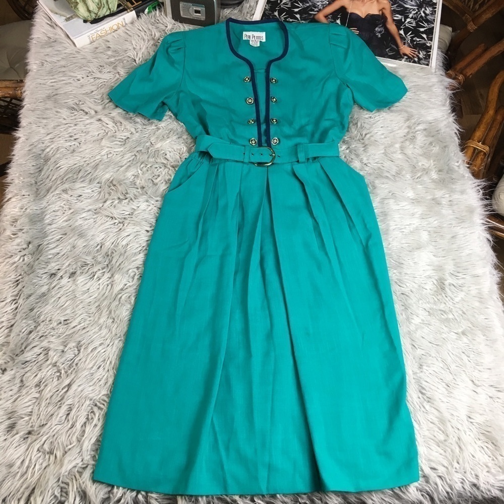 Vintage 80s Peri Petites Belted Midi Dress Jewel Tone Power Petite Office Chic